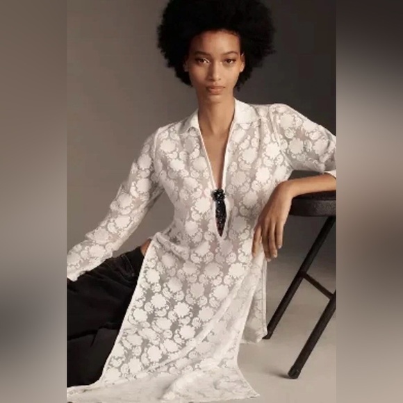 Anthropologie Sheer Lace Long Sleeve Floral Top Size XS Ivory Side Slits $98 - Picture 1 of 10